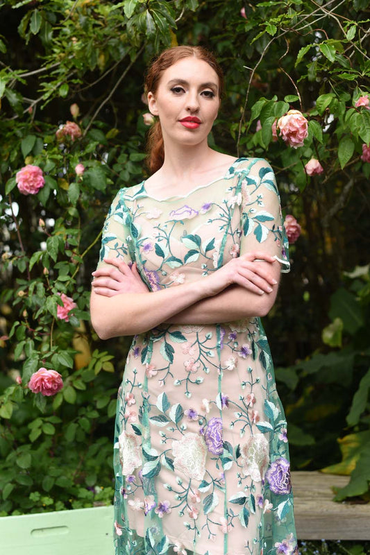 Model in Spring Angel embroidered mesh dress by Annah Stretton