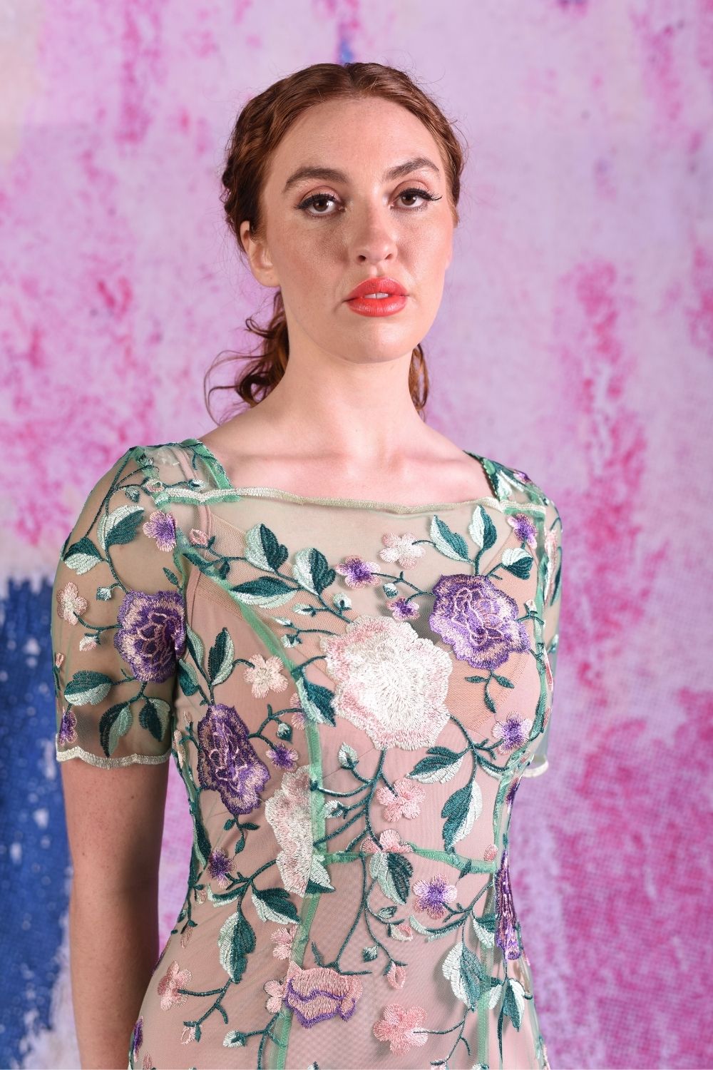 Model in Spring Angel embroidered mesh dress by Annah Stretton