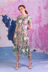 Model in Spring Angel embroidered mesh dress by Annah Stretton