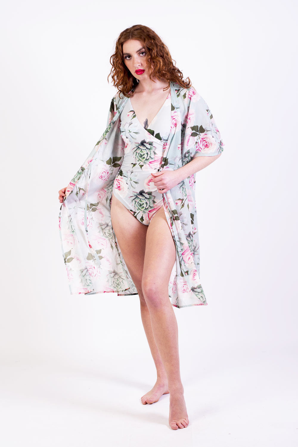 lily bather in mint rose floral print, with matching robe