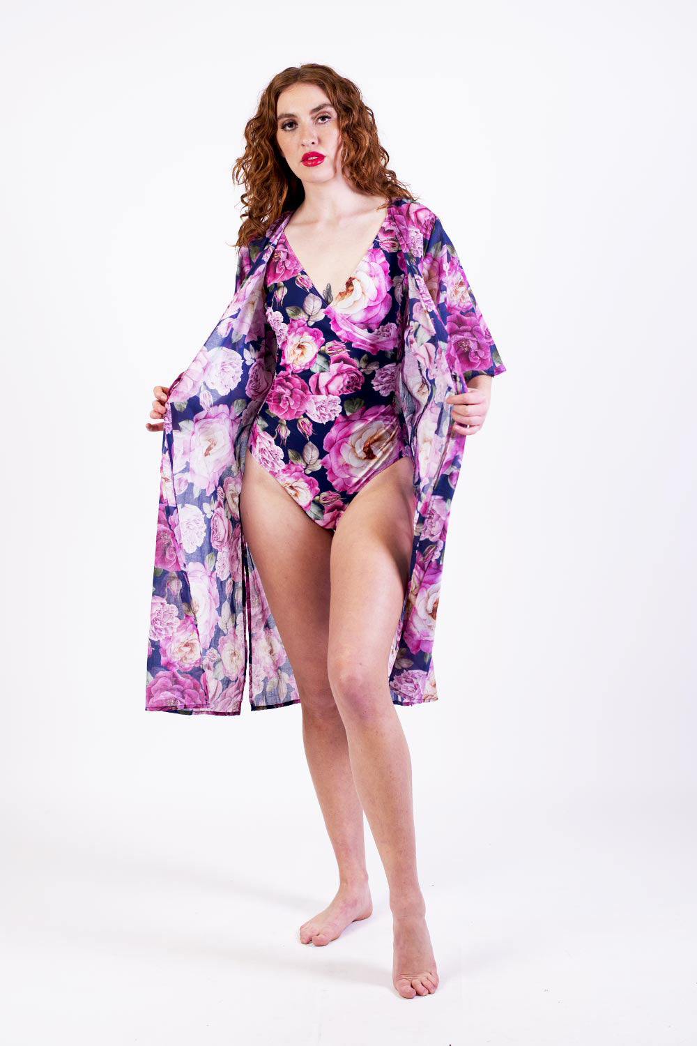 lily bather in navy and pink peony floral print, with matching robe
