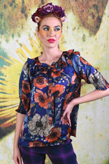 Model wearing the Annah Stretton Tiger Lily top in Indigo