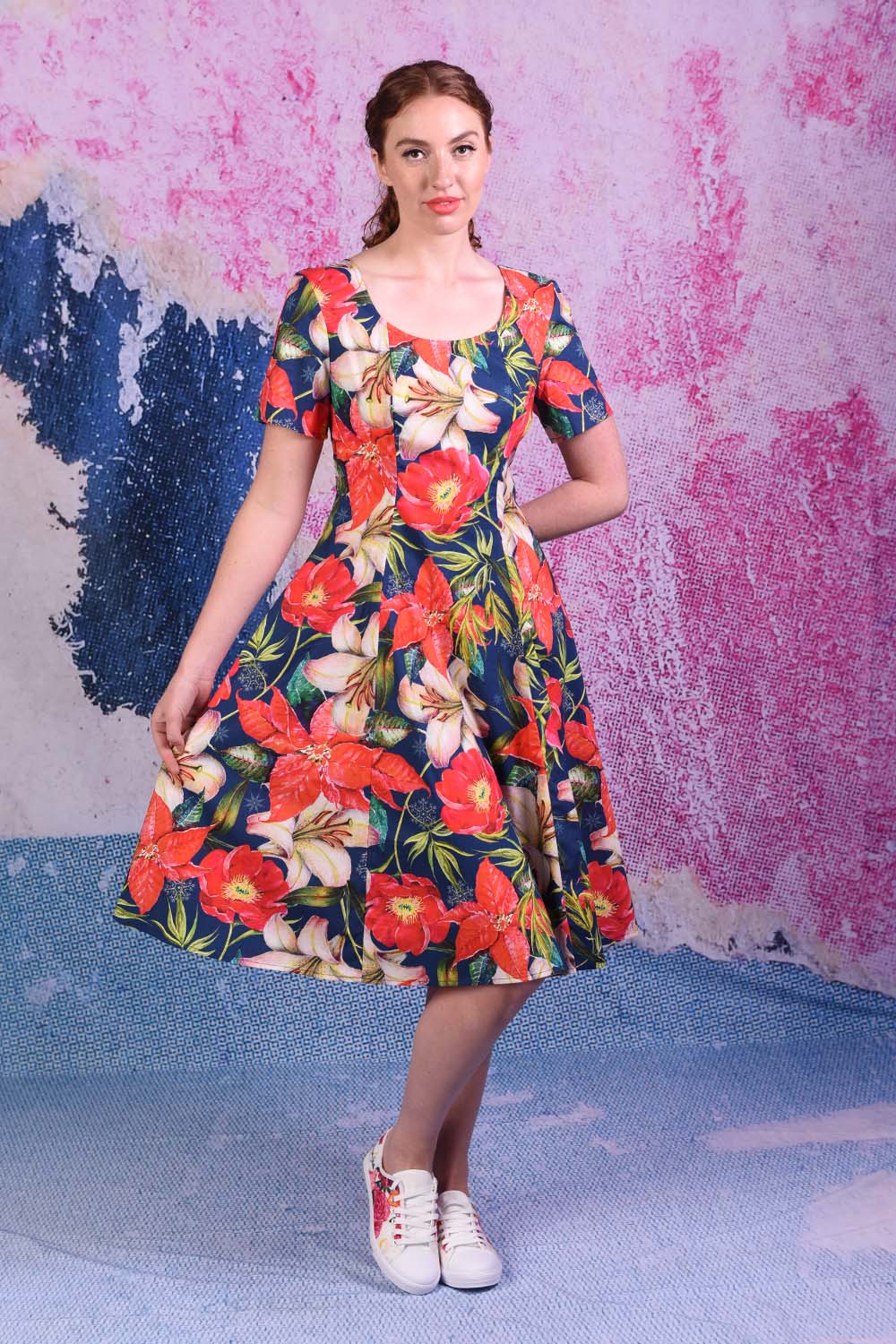 model wears virginia christy navy dress