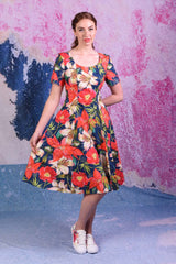 model wears virginia christy navy dress