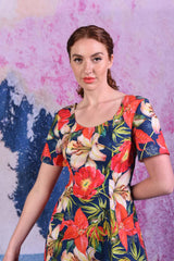model wears virginia christy navy dress