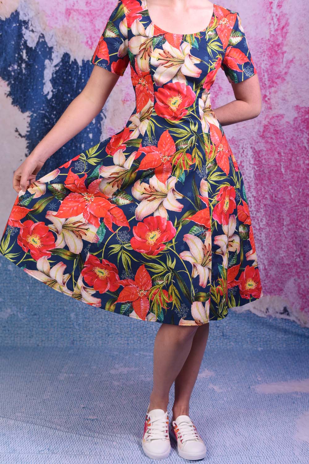 model wears virginia christy navy dress