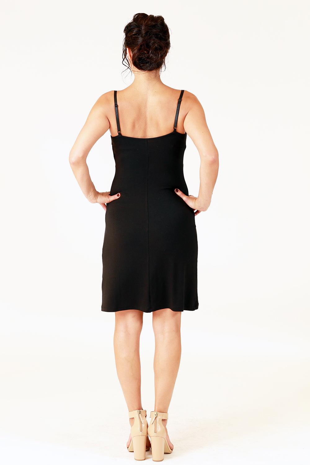 zita ze slip in black, knee length slip, v neck line