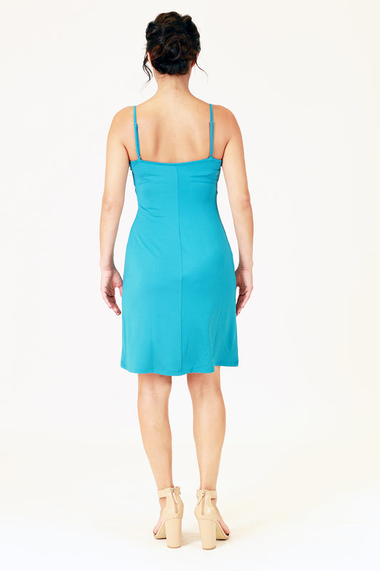 zita ze slip in teal, knee length slip, v neck line